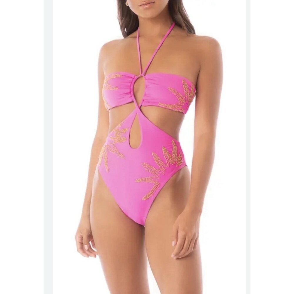 Maaji Embroidered Palm One Piece M Pink Orange Gold Beaded Swimsuit Reverse $209